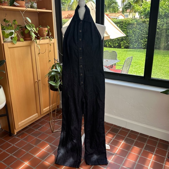 Free People Pants - FREE PEOPLE Denim Halter Neck Flare Leg Jumpsuit Size 4